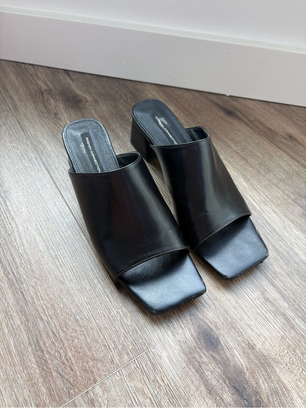 French Connection Black Leather Square-Toe Mule Heels